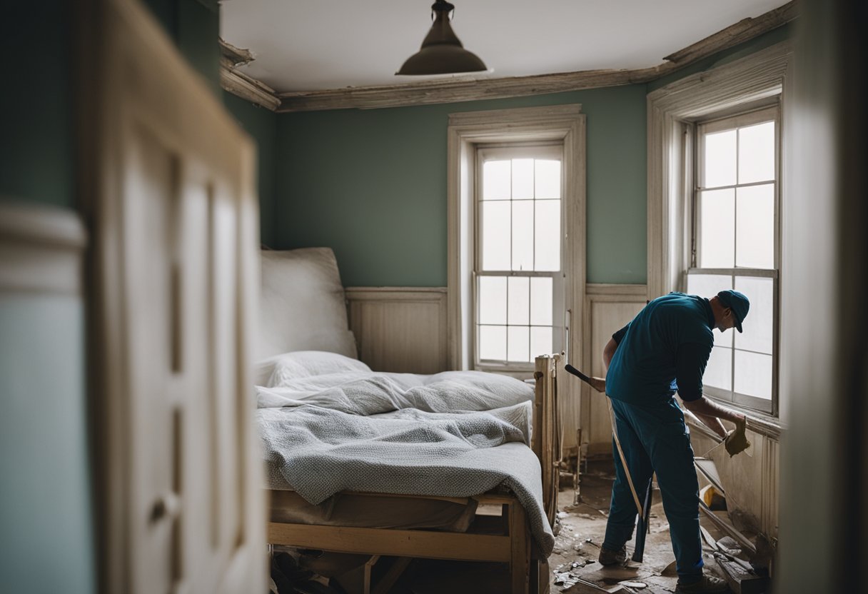 A run-down bed and breakfast undergoes renovations, with workers painting walls and replacing old furniture