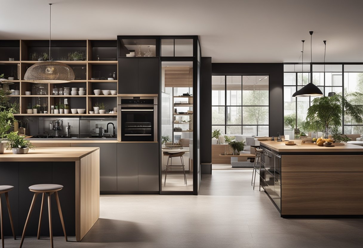 A modern kitchen with a sleek, transparent partition separating the cooking and dining areas. The partition features built-in shelves and a combination of glass and wood materials