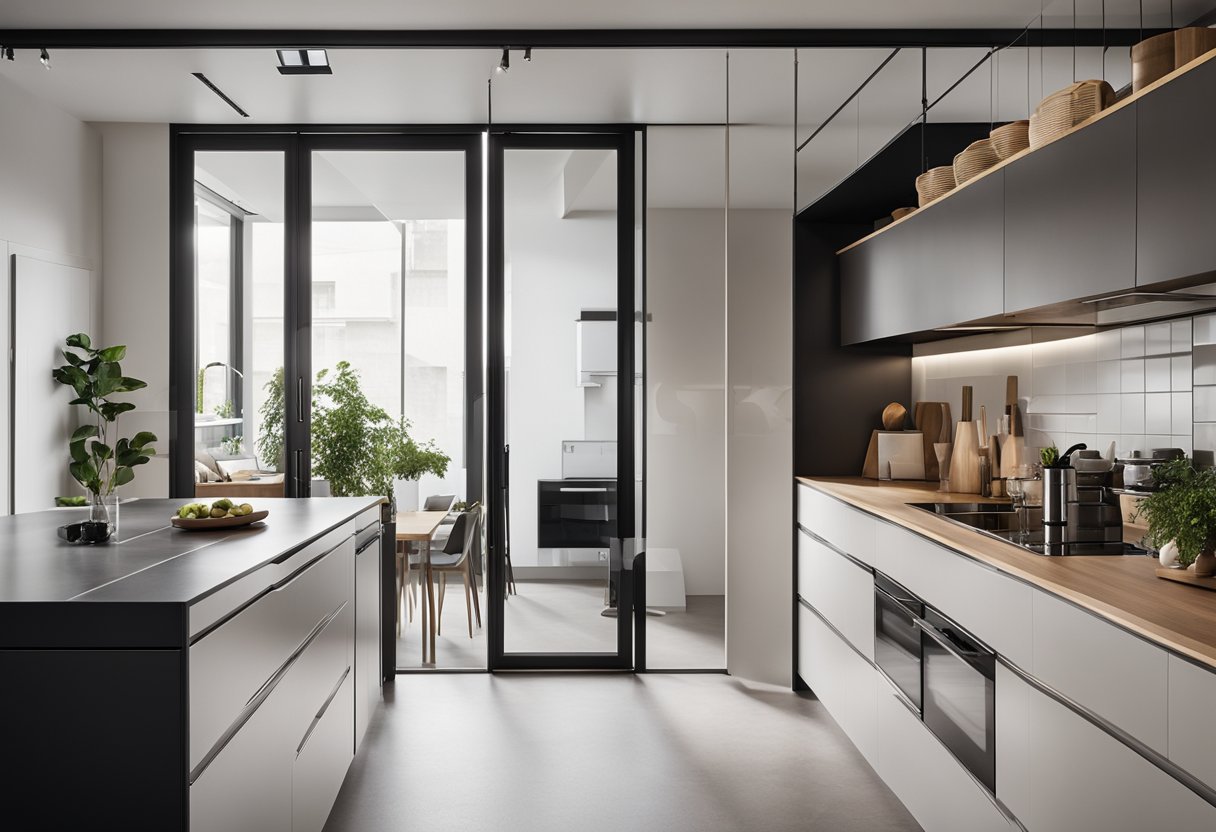 A modern kitchen with a sleek and functional partition, featuring clean lines and a minimalist design. The partition separates the kitchen space while allowing for easy communication and visibility