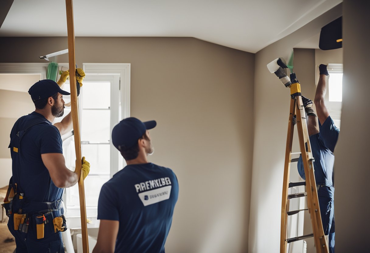 A team of workers renovates a cozy B&B, painting walls and installing new fixtures to refresh the space