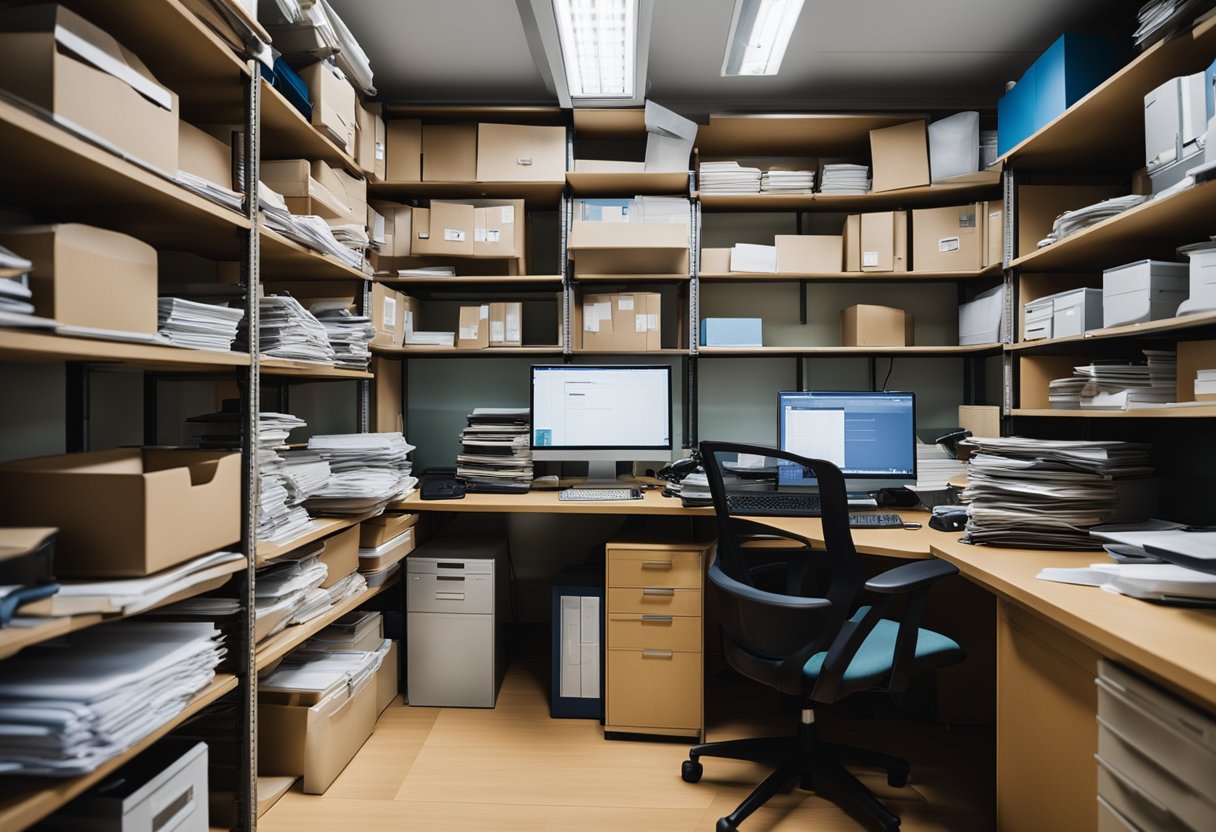 A cluttered office with cheap furniture in Singapore. Shelves sag under the weight of files, while a worn-out desk and chair occupy the center