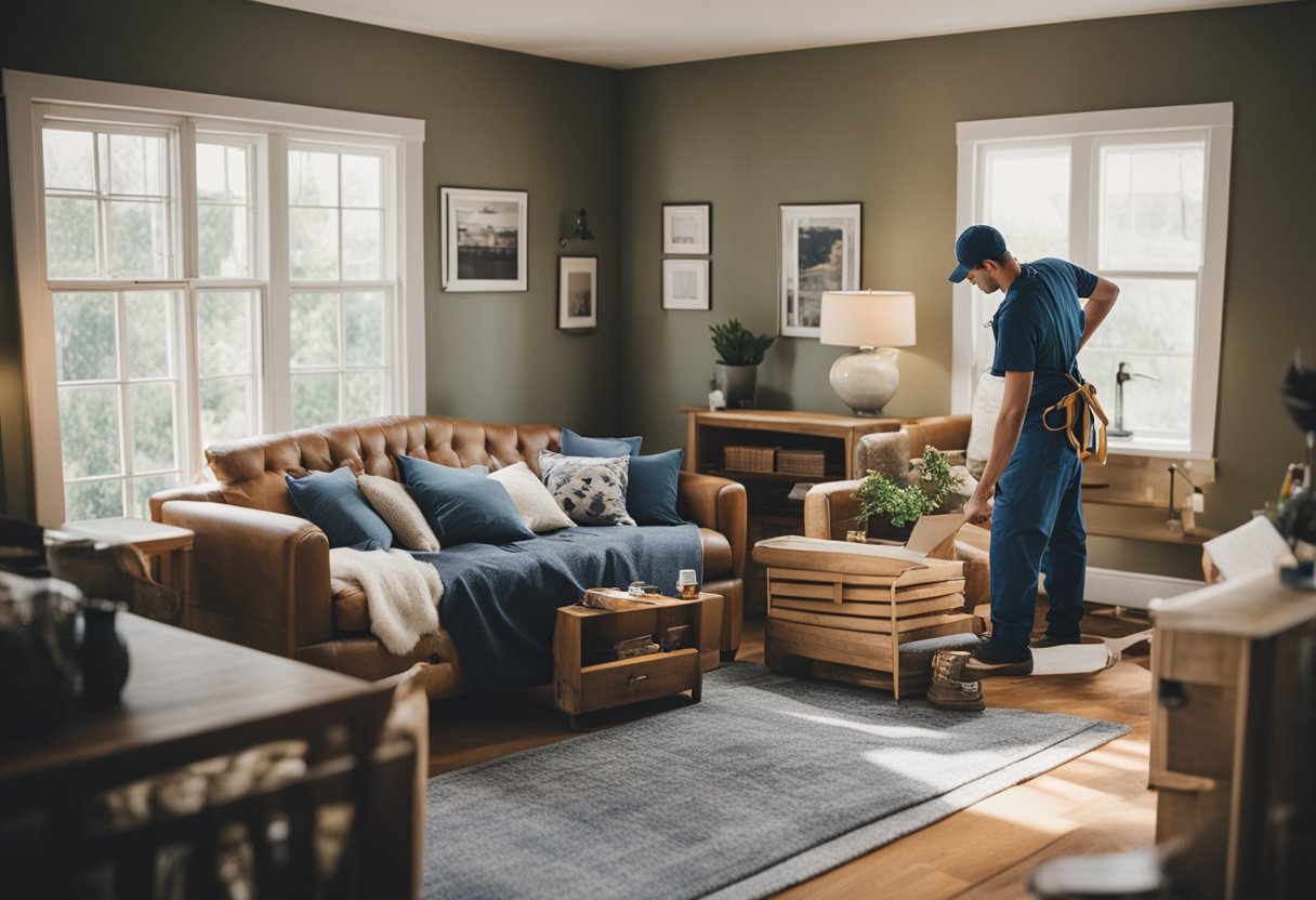 A cozy bed and breakfast undergoing renovations with workers painting, repairing, and adding new furnishings to enhance the space