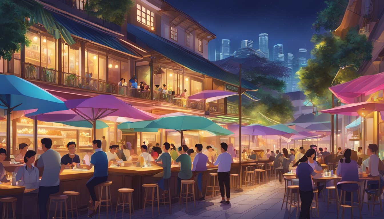 A bustling restaurant and bar in Singapore, with colorful lights illuminating the lively atmosphere and people enjoying food and drinks