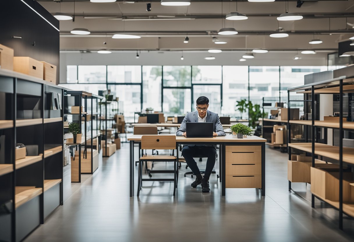 A person browsing through a variety of affordable office furniture in a Singapore store. Displayed items include desks, chairs, and shelves