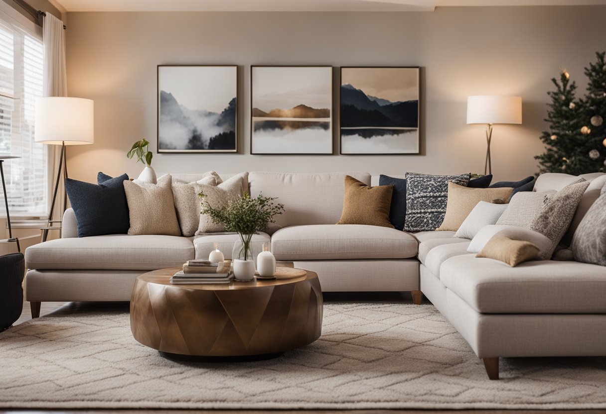A cozy living room with a neutral color palette, plush sofa, and warm lighting. A large area rug anchors the space, while decorative pillows and artwork add pops of color