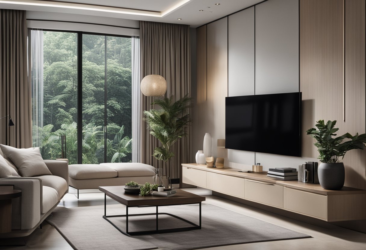 A modern living room with sleek furniture in Singapore. Clean lines, neutral colors, and minimalist design