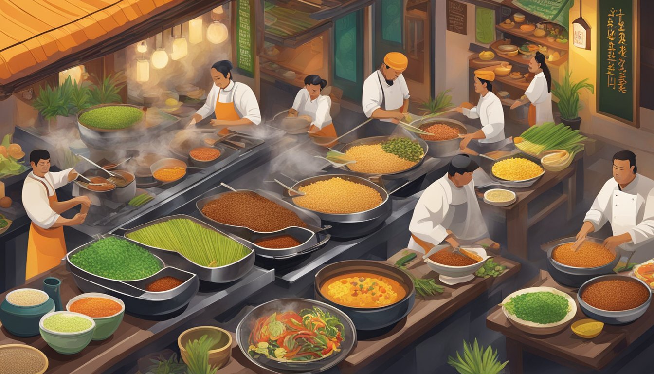 A bustling Lemongrass restaurant, with steaming woks, sizzling grills, and colorful ingredients being chopped and stirred. The aroma of exotic spices fills the air as diners eagerly await their flavorful dishes
