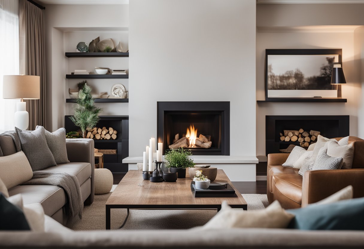 A cozy living room with a large, comfortable sofa facing a fireplace. A coffee table sits in the center, surrounded by accent chairs and soft lighting
