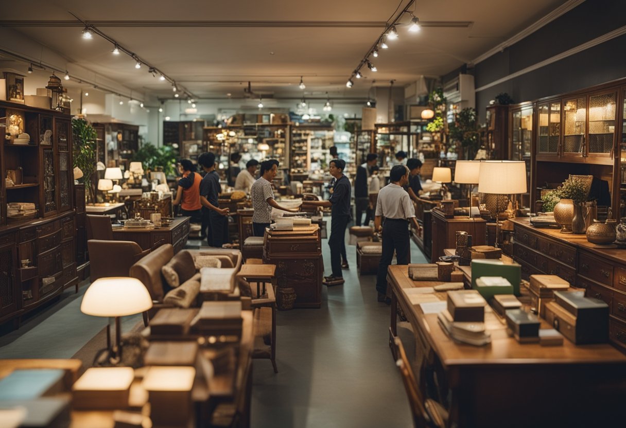 Customers browsing eclectic second-hand furniture in a bustling Singapore shop