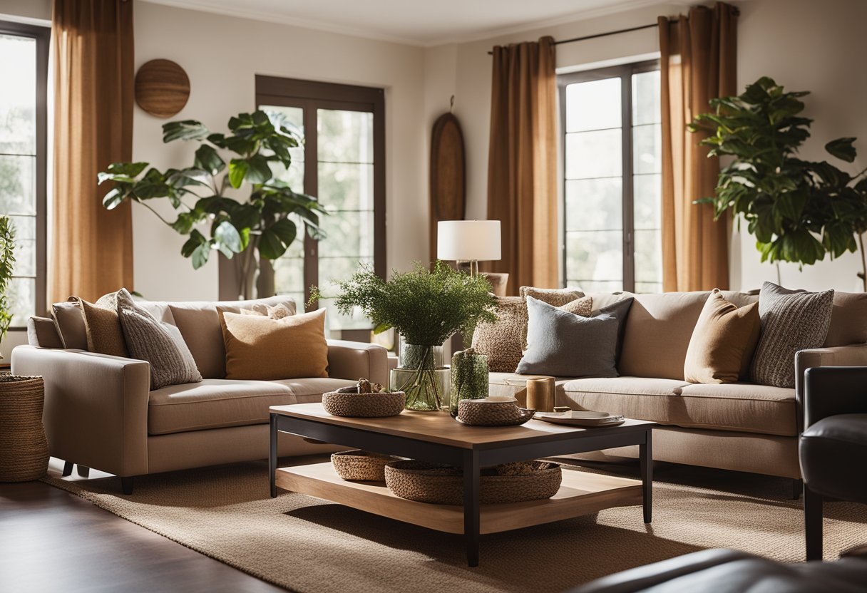 A cozy living room with warm, earthy tones and various textures. Soft, natural lighting creates a welcoming atmosphere