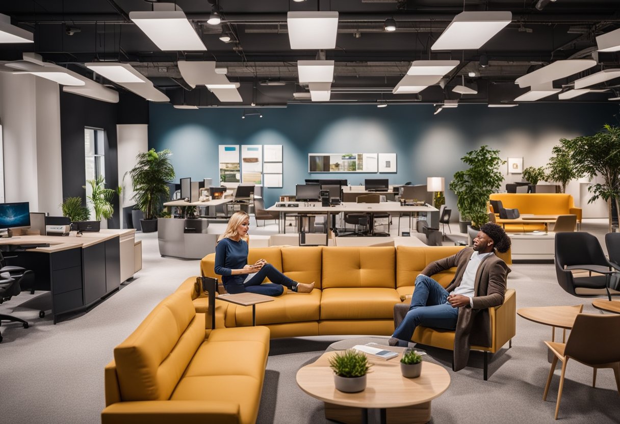 Customers browsing through a variety of affordable office furniture in a spacious showroom with modern designs and vibrant colors