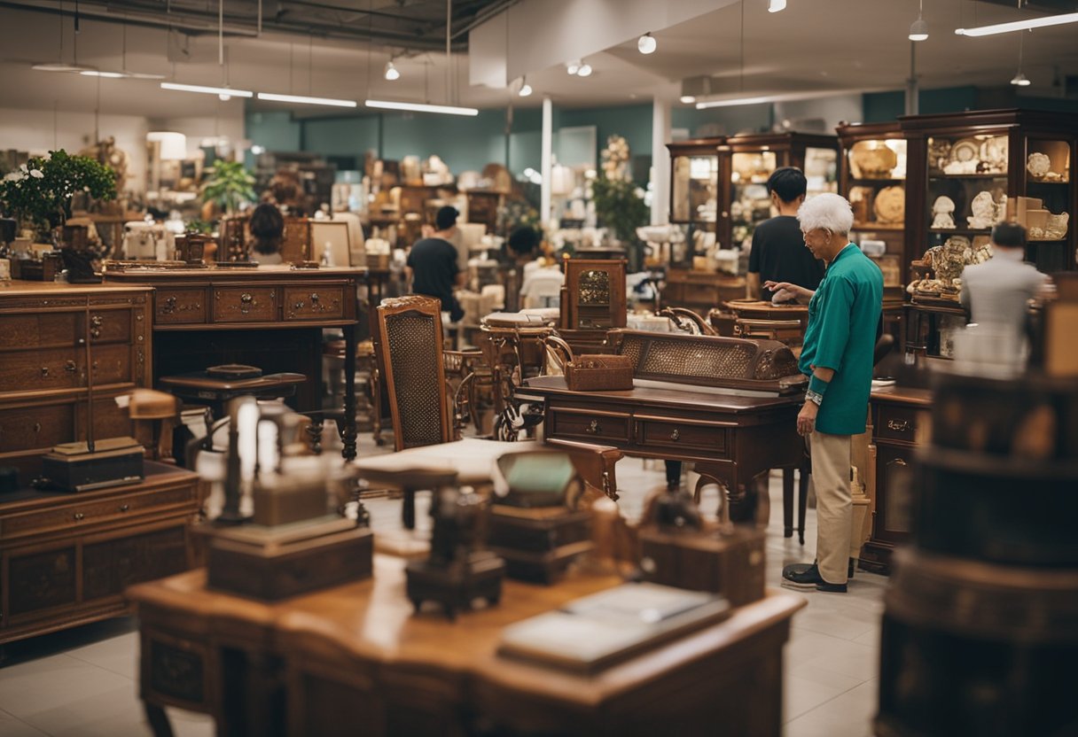 A bustling second-hand furniture store in Singapore with unique pieces displayed in a bright, organized space. Customers browse through the eclectic collection, while the store owner chats with a potential buyer
