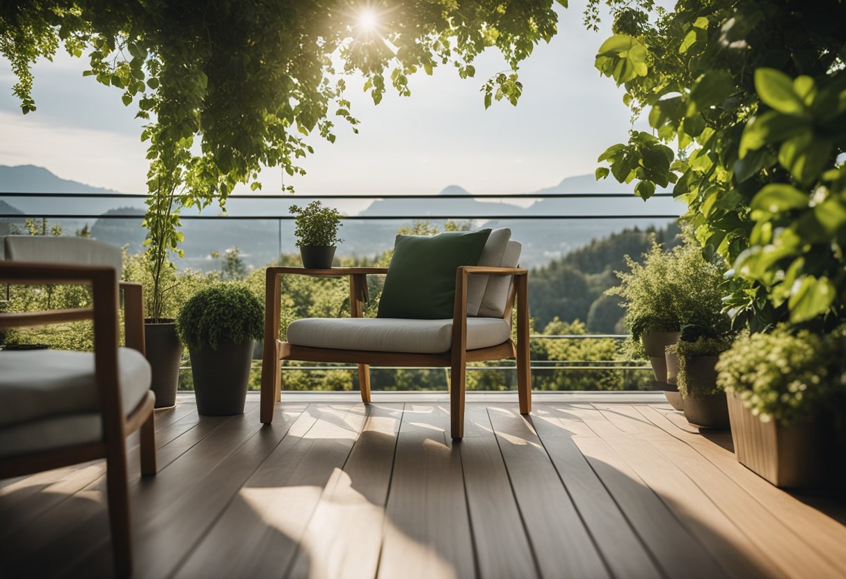 A spacious balcony with a wooden floor, surrounded by glass railings. A cozy seating area with comfortable chairs and a small table. Lush green plants and flowers in pots. A beautiful view of the surrounding landscape