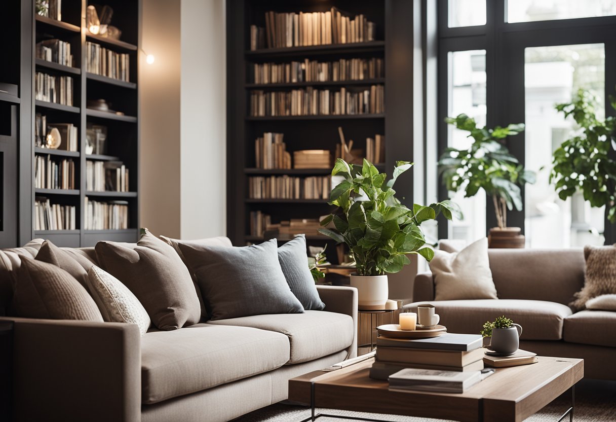 A cozy living room with a comfortable sofa, a stylish coffee table, and warm lighting. A bookshelf filled with books and decorative items adds character to the space
