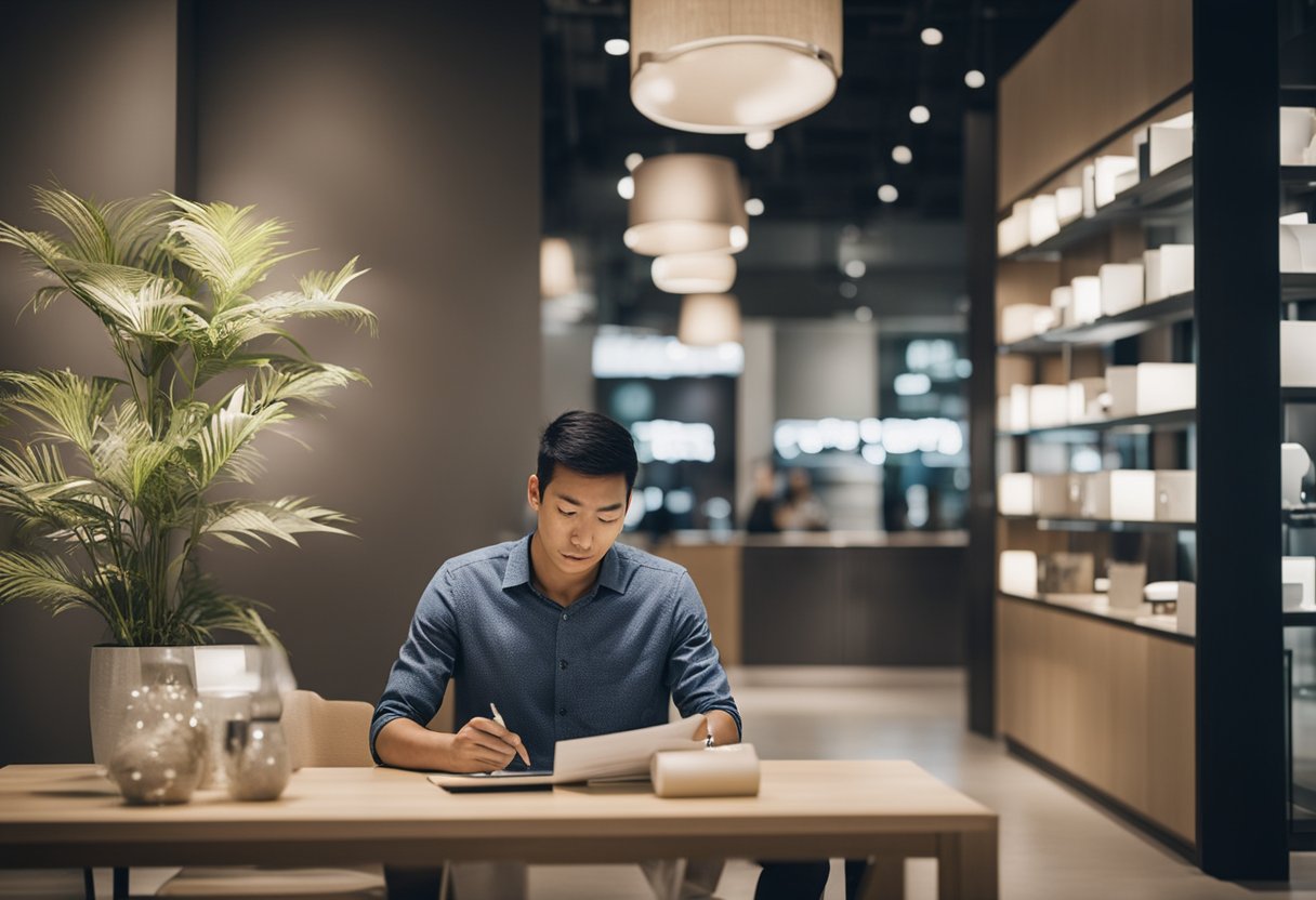 A customer browsing through a showroom of modern furniture with a sign reading "Frequently Asked Questions" in Singapore