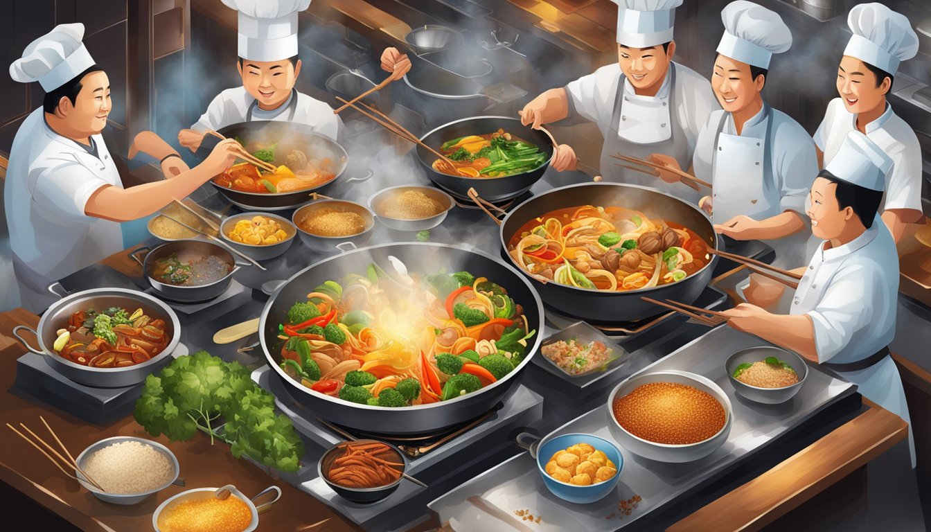 The bustling kitchen of Shao Shao restaurant, filled with sizzling woks, aromatic spices, and colorful ingredients, creating a symphony of culinary delights