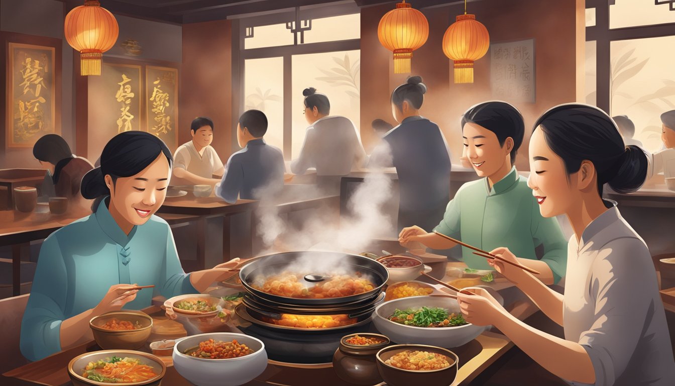 Customers enjoying a variety of traditional Chinese dishes at Shao Shao restaurant, with steam rising from the hot plates and the aroma of spices filling the air