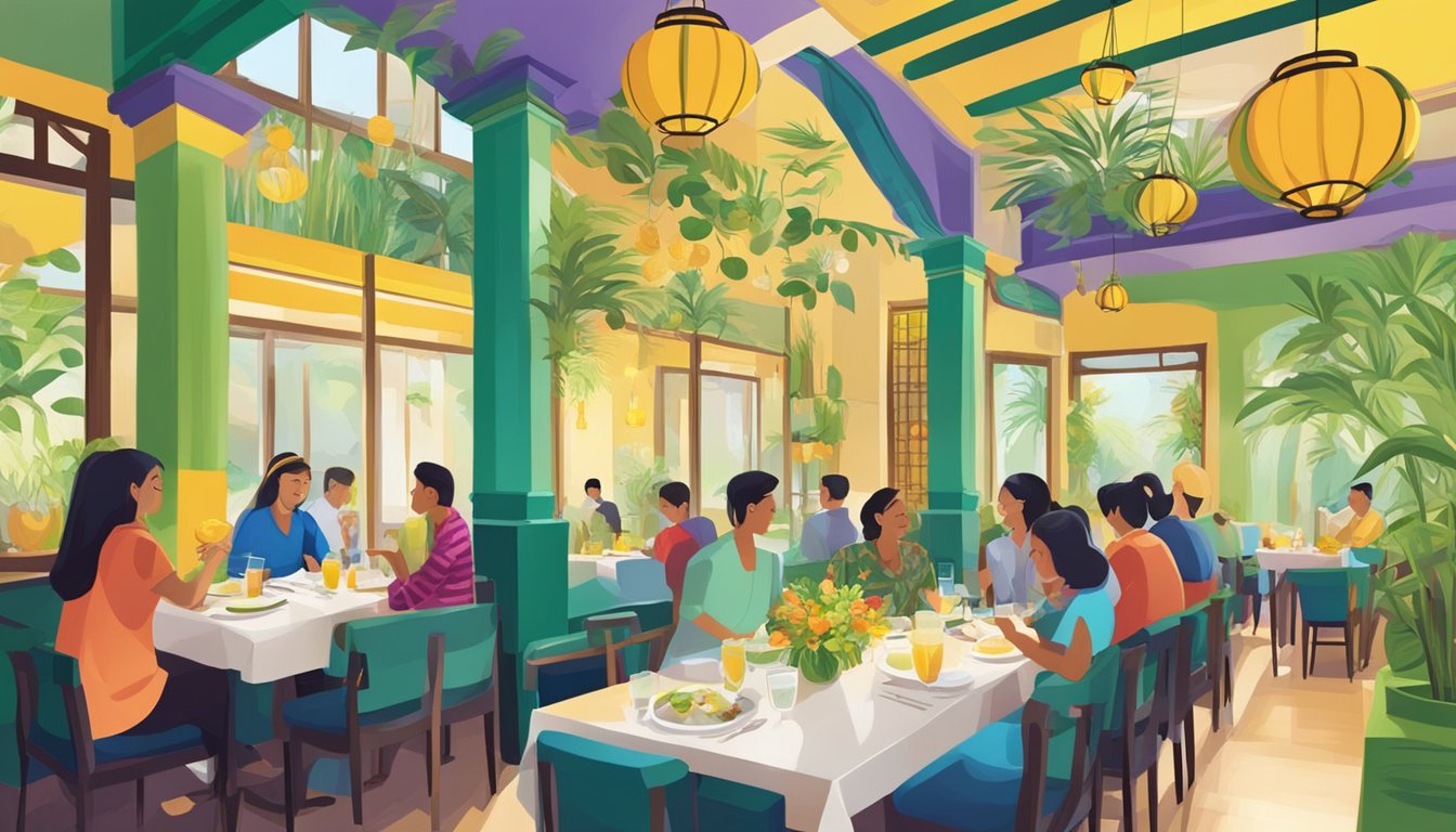 Customers enjoy the vibrant atmosphere of Lemongrass restaurant, with colorful decor and aromatic dishes being served