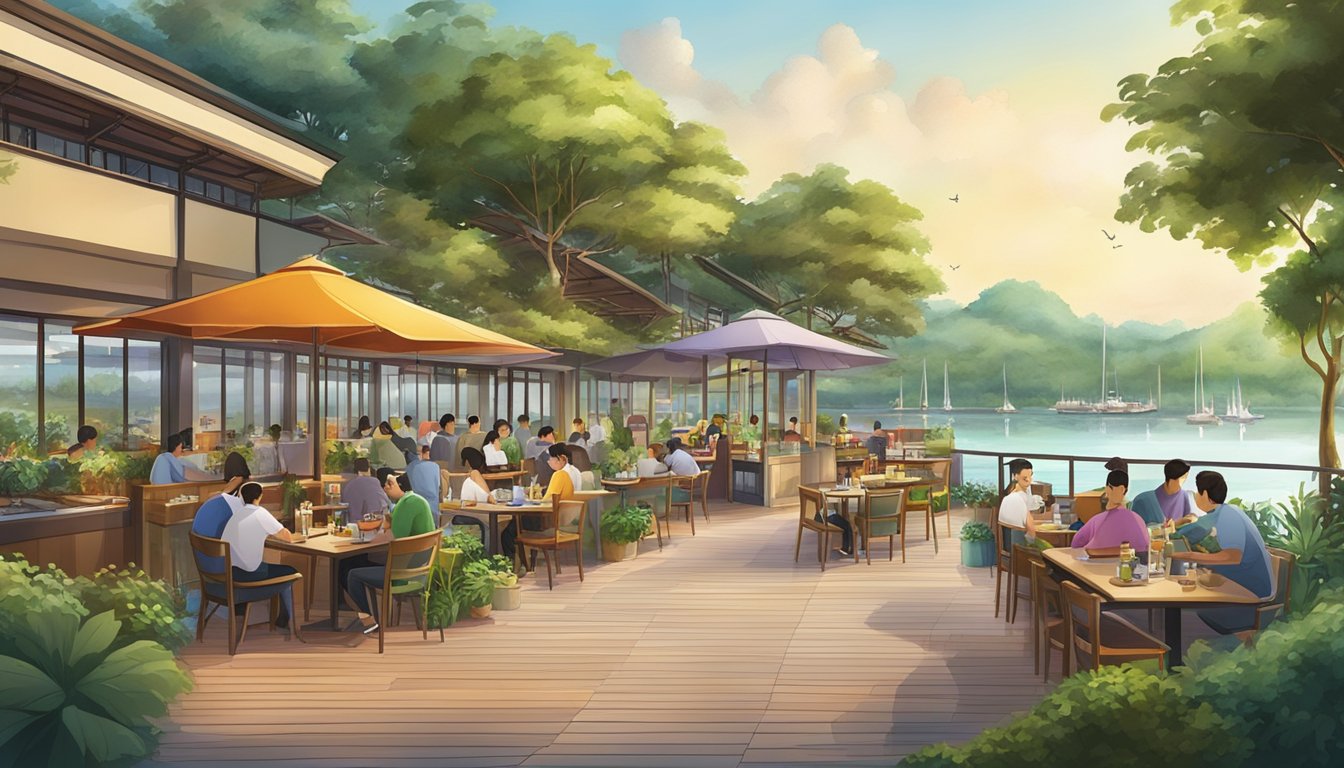 A bustling punggol restaurant with colorful outdoor seating, surrounded by lush greenery and overlooking a serene waterfront