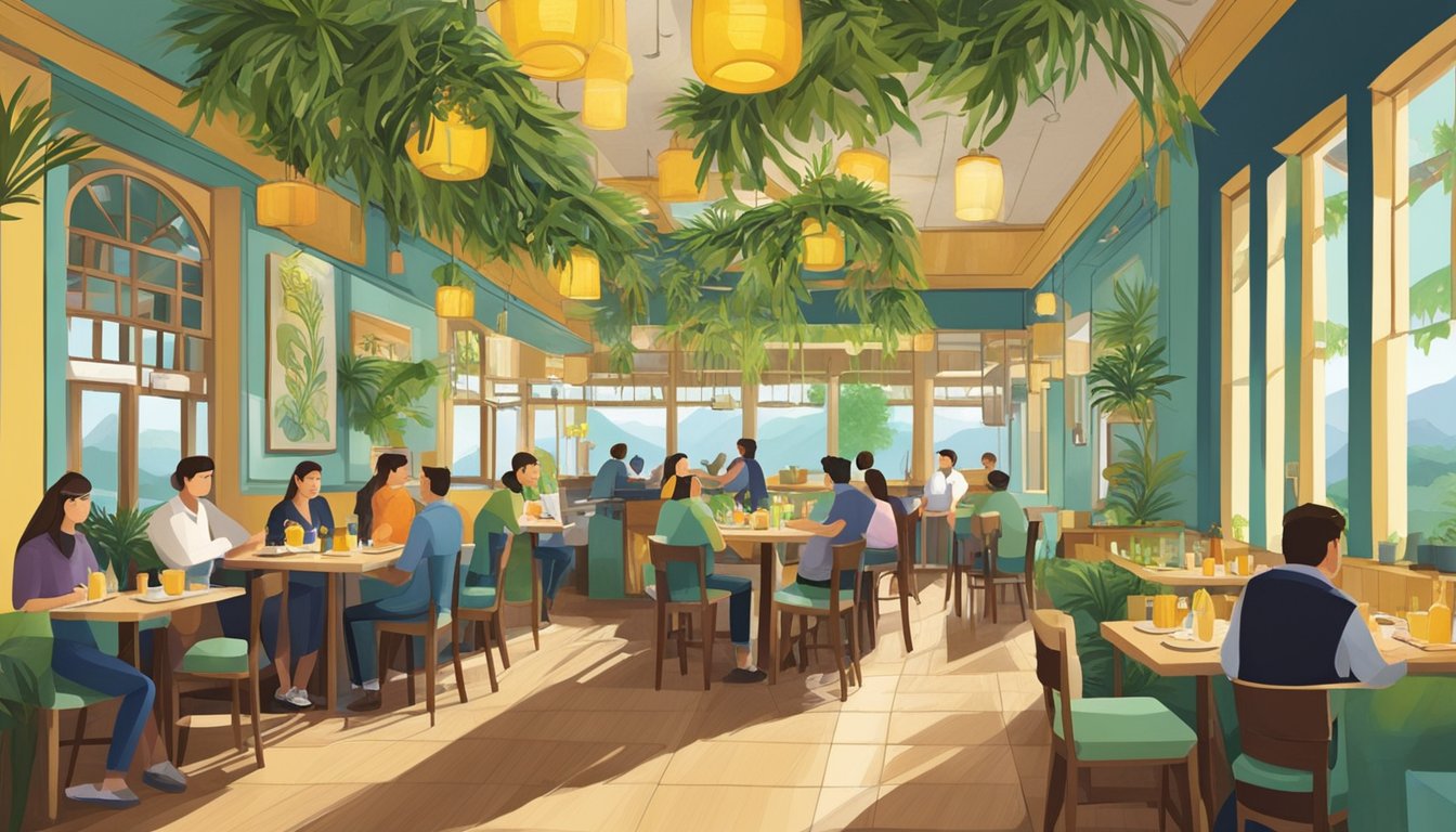 The bustling restaurant is adorned with vibrant decor and filled with the aroma of lemongrass. Customers chat and dine at cozy tables while waitstaff attend to their needs