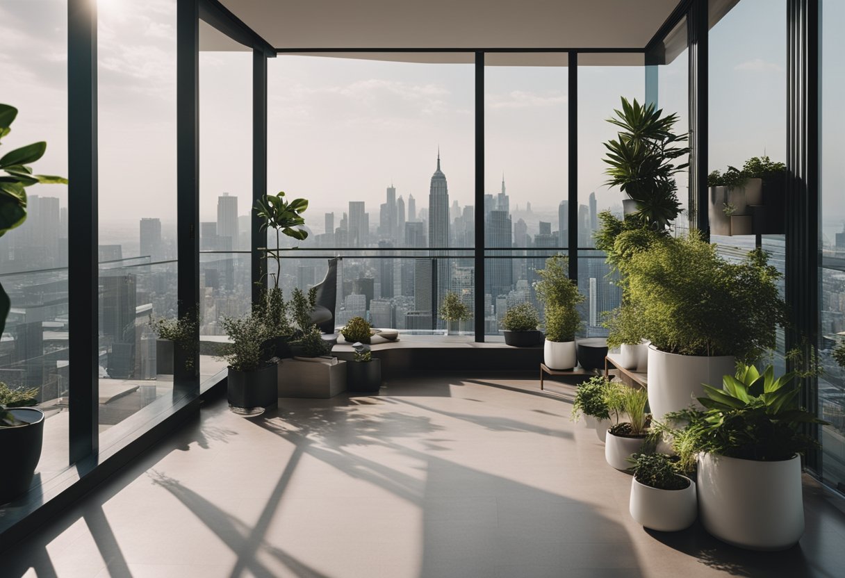 A spacious balcony with modern furniture, potted plants, and a panoramic view of the city skyline