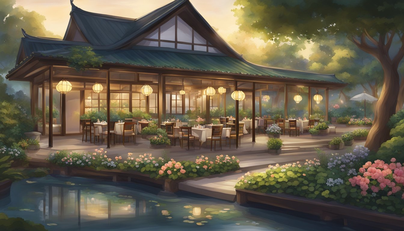 The Pearl Garden restaurant is set in a lush garden, with a serene pond, blooming flowers, and elegant lanterns illuminating the outdoor dining area