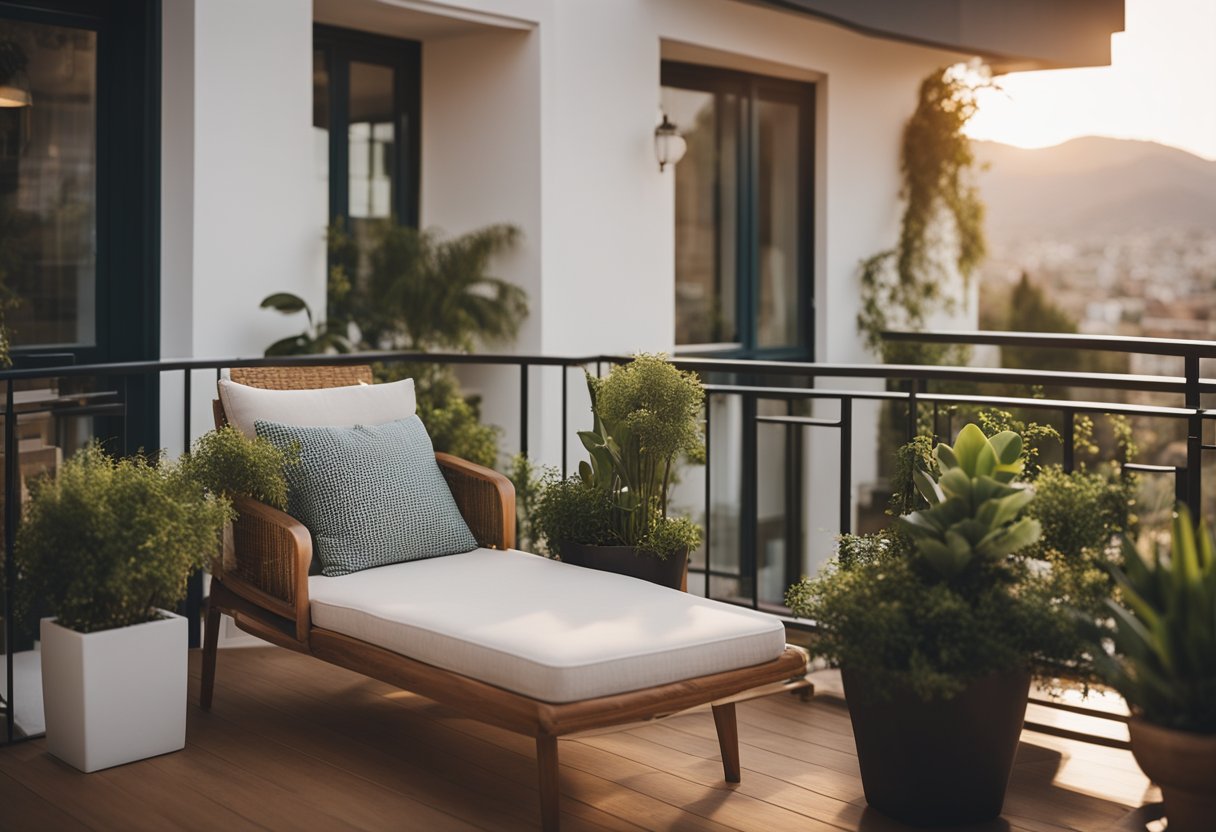 A cozy balcony with potted plants, warm lighting, and comfortable seating, overlooking a scenic view