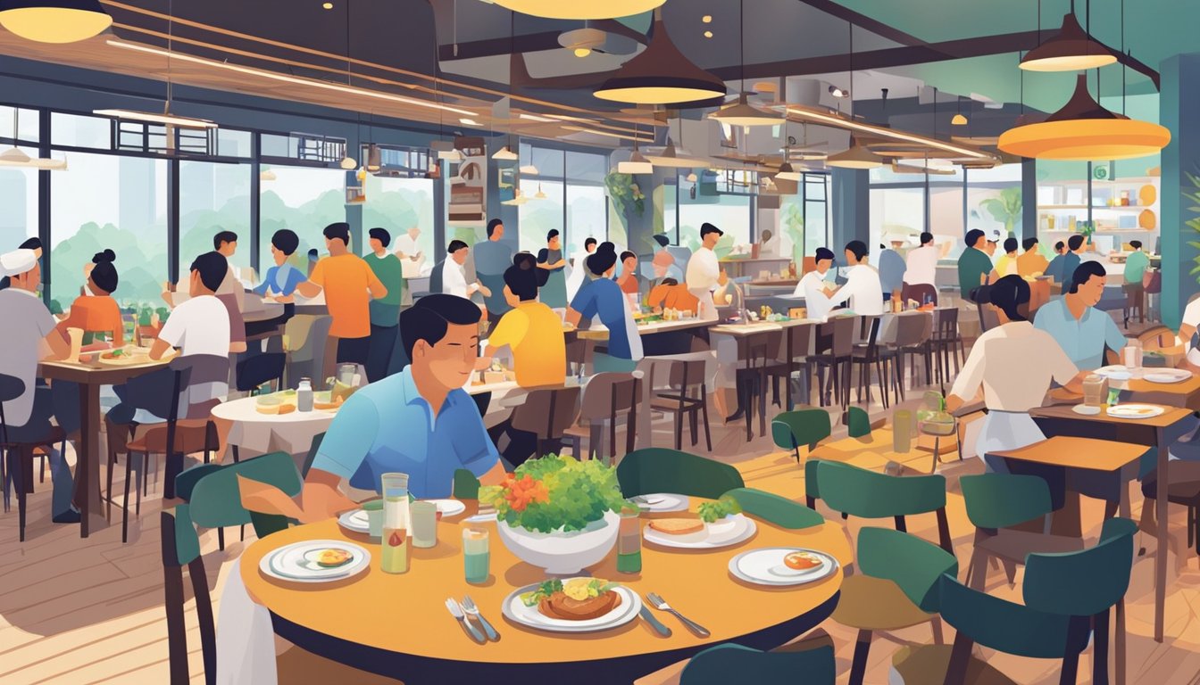 A bustling restaurant in Punggol, with colorful decor and delicious aromas filling the air. Tables are filled with satisfied diners, while chefs work diligently in the open kitchen