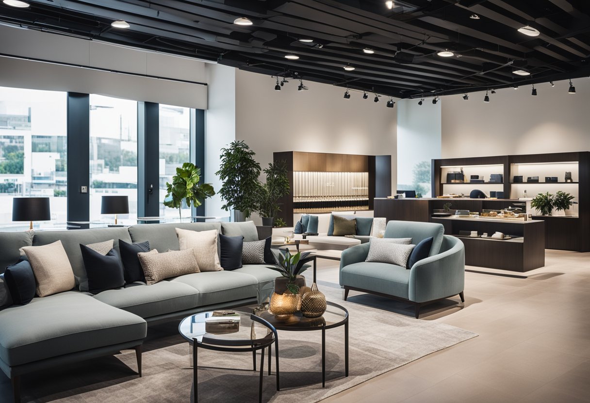 A bright, modern showroom with sleek furniture displays. Clean lines and luxurious materials create an inviting atmosphere