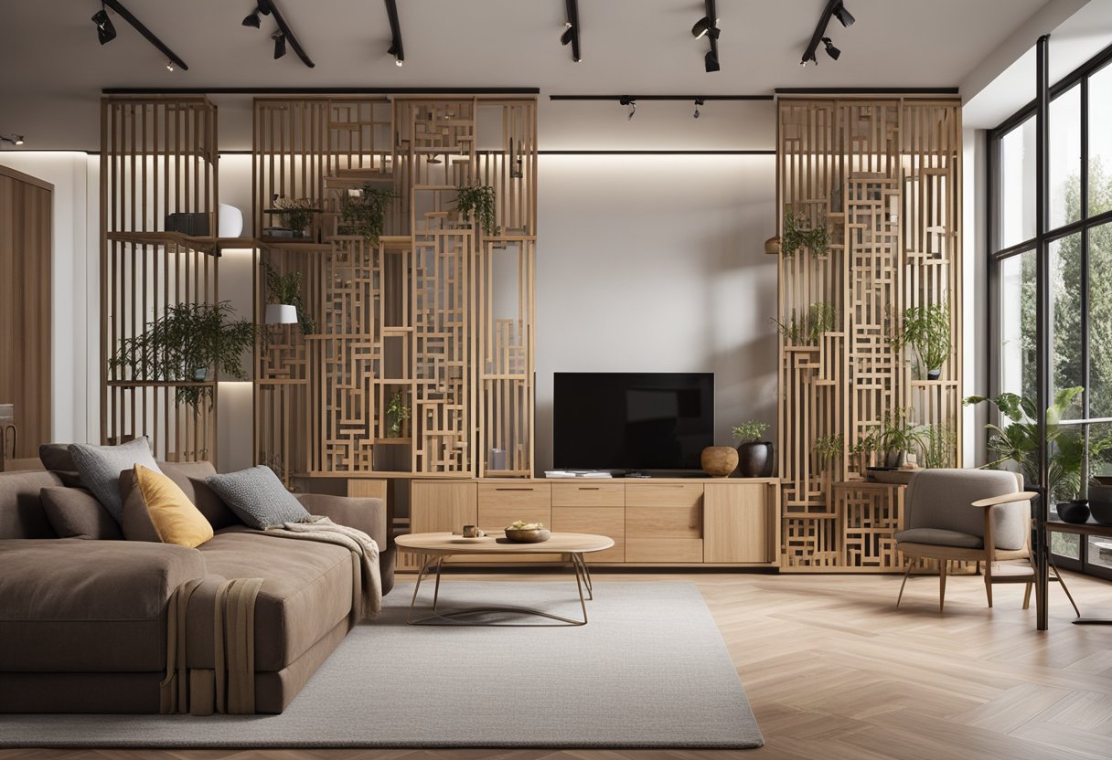 A modern living room with a sleek, wooden divider separating the space. The divider features geometric patterns and shelves for decor