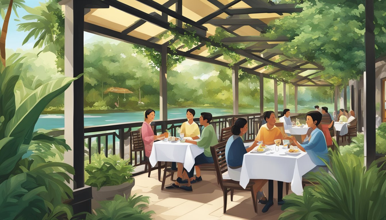 Customers enjoy a serene outdoor dining experience at Pearl Garden Restaurant, surrounded by lush greenery and a tranquil atmosphere