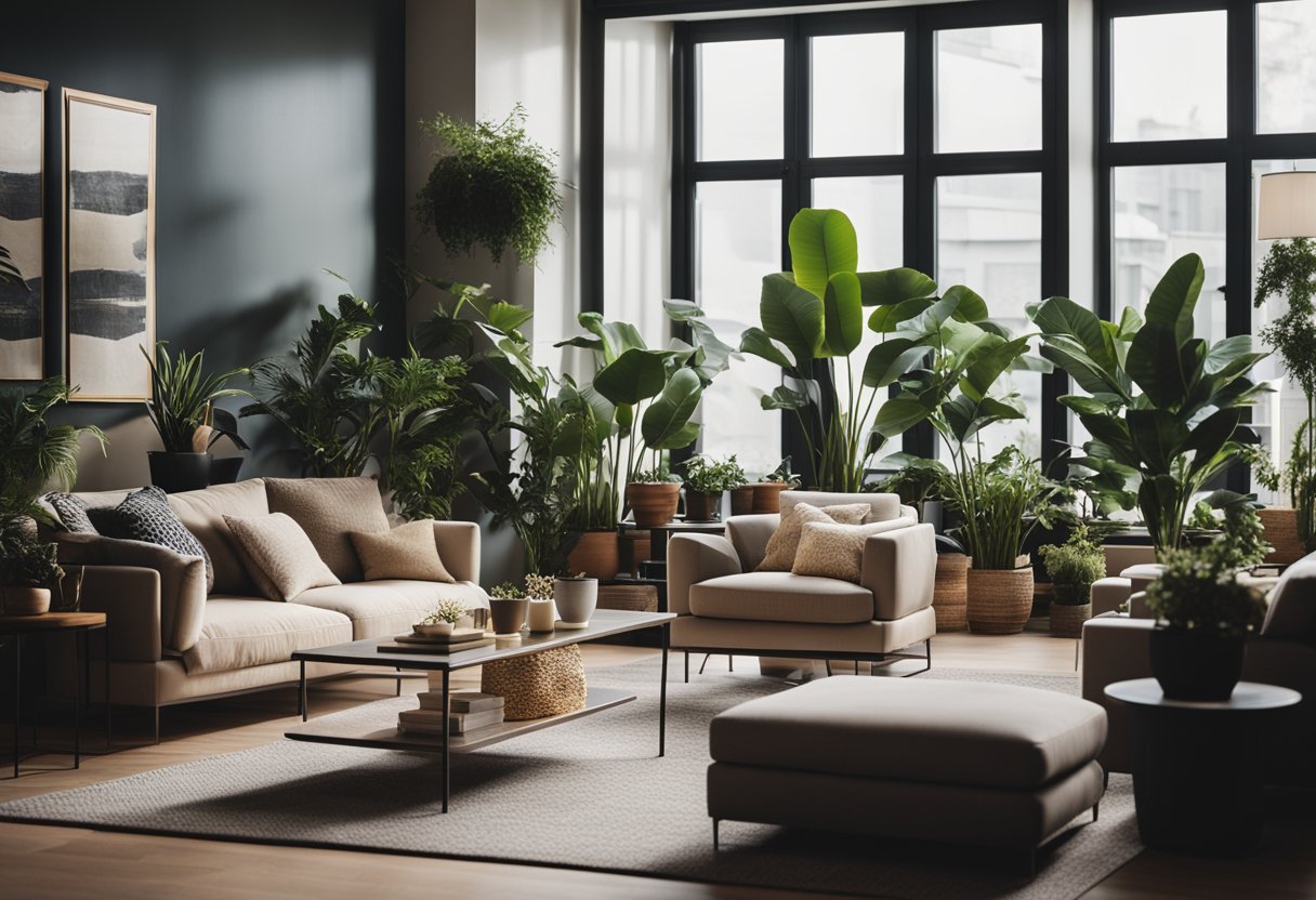 A cozy living room with modern furniture, warm lighting, and potted plants