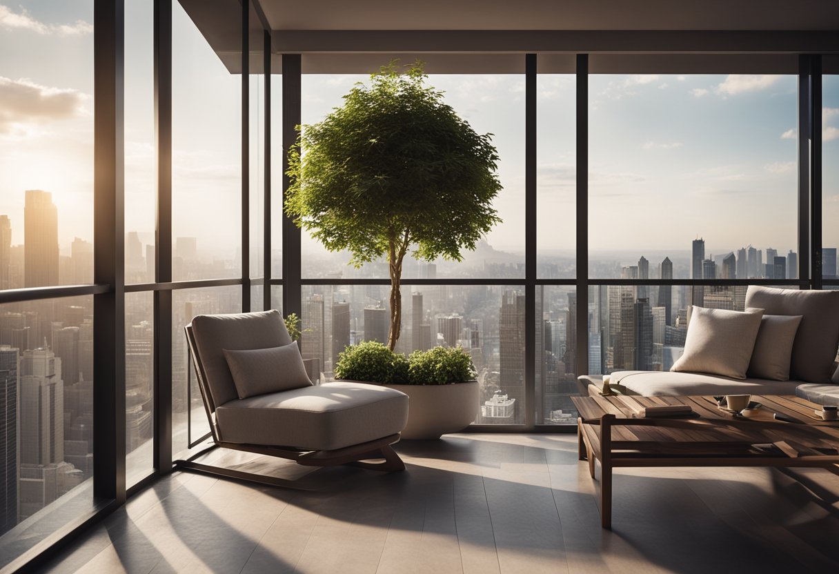 A modern, spacious balcony with sleek furniture and potted plants, overlooking a bustling cityscape