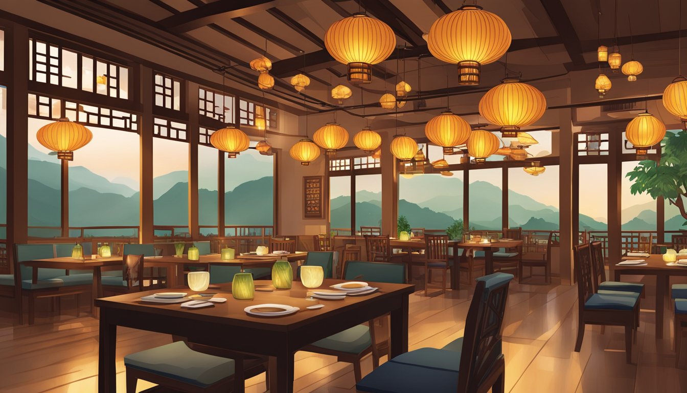 Tables set with colorful dishes, steaming bowls of noodles, and chopsticks at Thanying restaurant. Lanterns hang from the ceiling, casting a warm glow over the traditional Thai decor