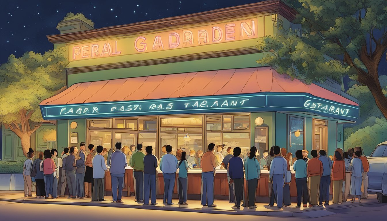 Customers line up outside Pearl Garden Restaurant, eager to dine. The vibrant sign glows against the night sky, drawing in hungry patrons