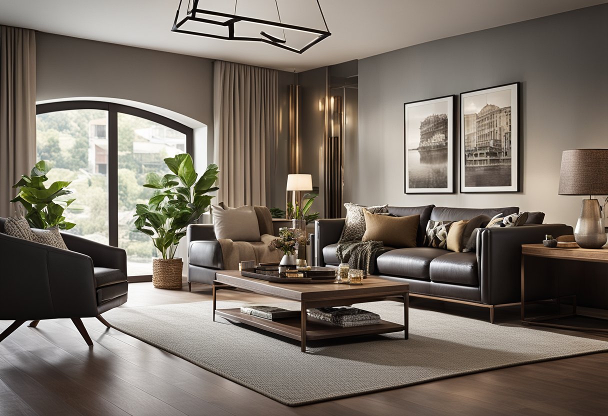 A cozy living room with Locus Habitat furniture, featuring elegant leather sofas, a sleek coffee table, and luxurious decorative accents
