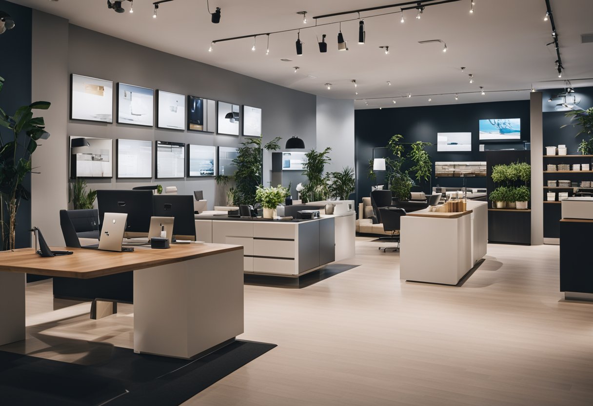 A clean, modern furniture showroom with sleek displays and a helpful staff assisting customers with their inquiries