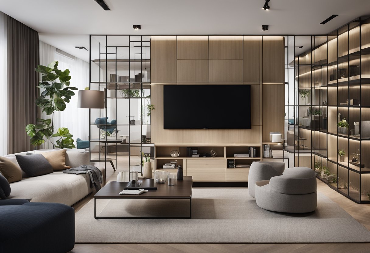 A spacious living room with a sleek, modern divider separating the seating area from the dining space. The divider features built-in storage and display shelves, maximizing functionality while maintaining an open and airy feel