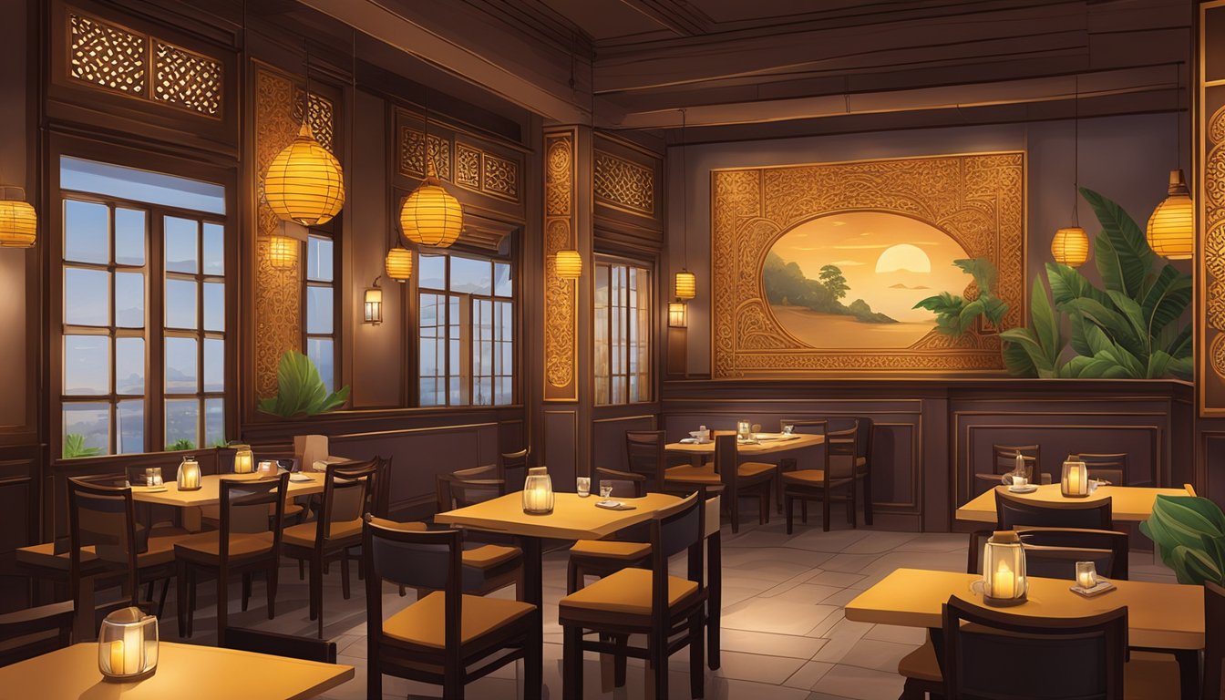 The restaurant is dimly lit with warm, ambient lighting. The walls are adorned with traditional Thai artwork, and the sound of gentle, soothing music fills the air. The aroma of fragrant spices and cooking fills the room, creating a cozy and inviting