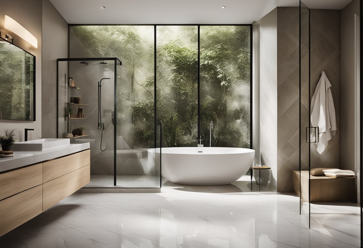 A sleek modern bathroom with a freestanding tub, glass-enclosed shower, and marble countertops. The space is flooded with natural light from a large window, and the walls are adorned with elegant, minimalist decor
