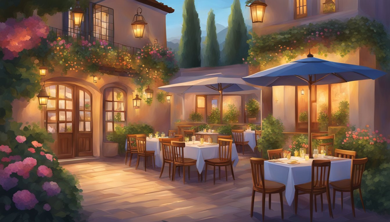 A cozy Mediterranean restaurant with outdoor seating, surrounded by colorful flowers and lush greenery. The warm glow of string lights illuminates the charming ambiance