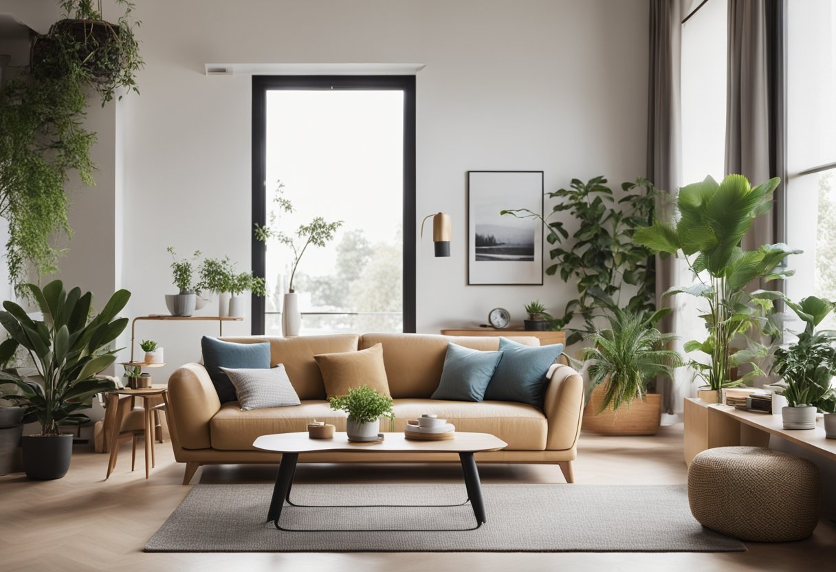 A modern living room with sleek furniture and plants, a cozy reading nook, and a minimalist dining area. Bright and airy with large windows