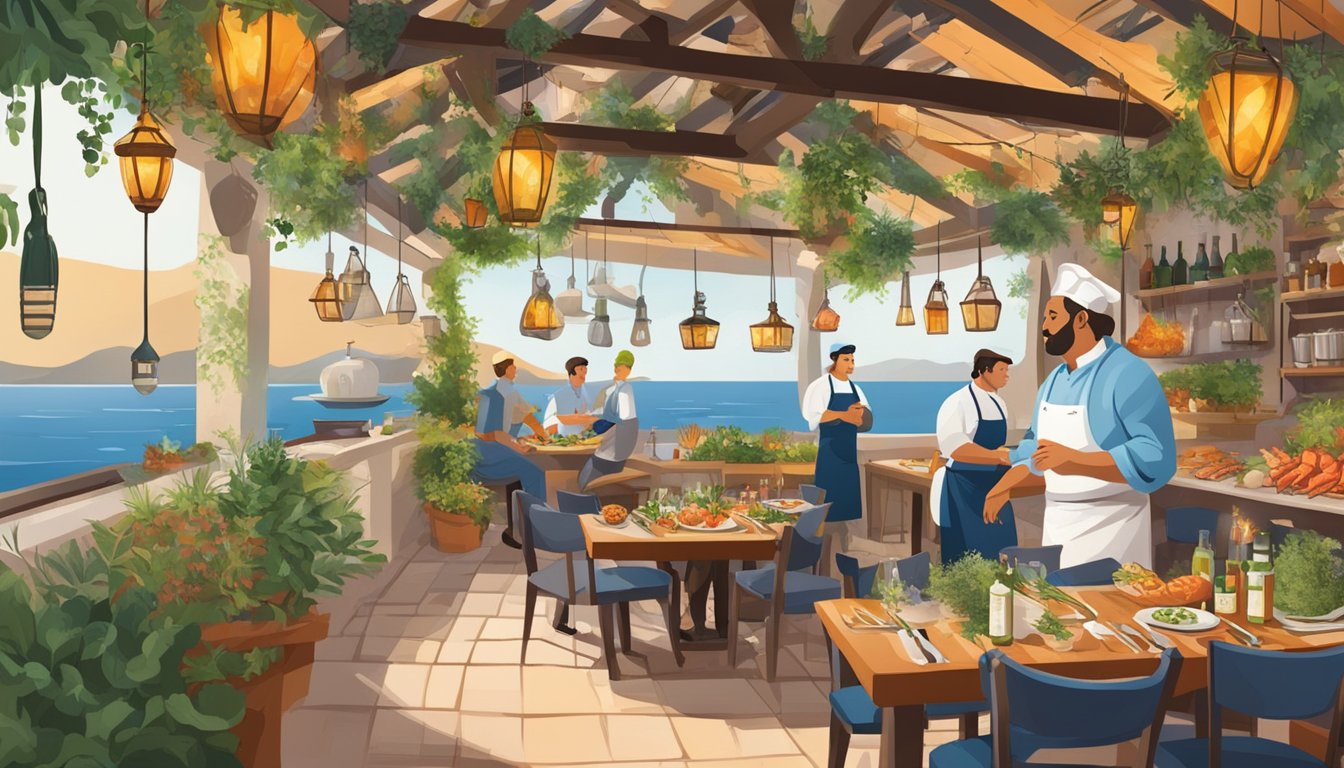 A bustling Mediterranean restaurant with colorful outdoor seating, aromatic herbs hanging from the ceiling, and a chef expertly grilling seafood over an open flame