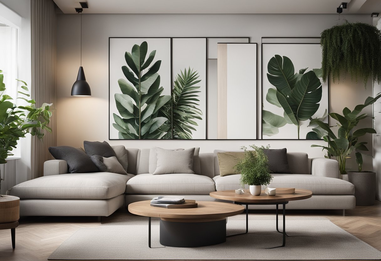 A cozy living room with a sleek, modern divider separating the space. Plants and artwork add color and warmth to the room