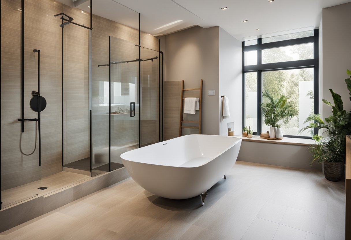A spacious, modern bathroom with a freestanding bathtub, a large walk-in shower, and elegant fixtures. The room is flooded with natural light from a large window, and the walls are adorned with stylish, neutral-colored tiles