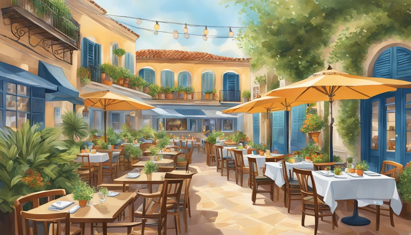 A bustling mediterranean restaurant with outdoor seating, adorned with colorful umbrellas and potted plants. The aroma of grilled seafood and fresh herbs fills the air