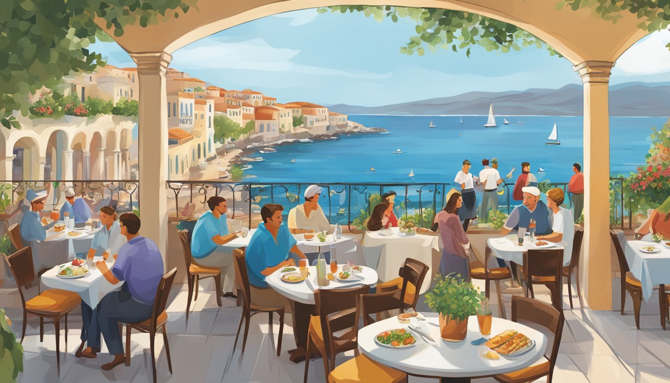 The bustling mediterranean restaurant with outdoor seating, vibrant decor, and a view of the sea. Tables are filled with happy diners enjoying delicious cuisine