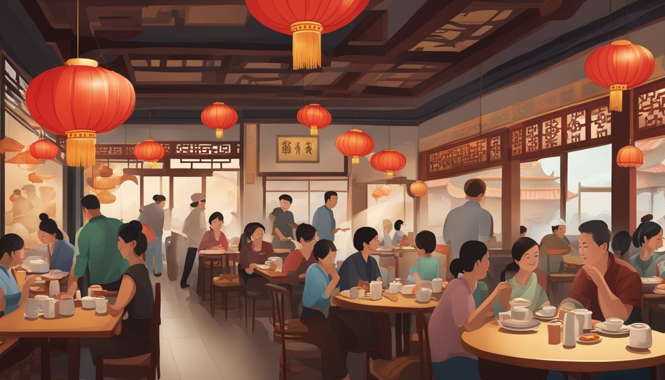 A bustling Chinese restaurant with red lanterns, round tables, and a steaming kitchen. Customers enjoy dim sum and tea while a dragon mural adorns the wall