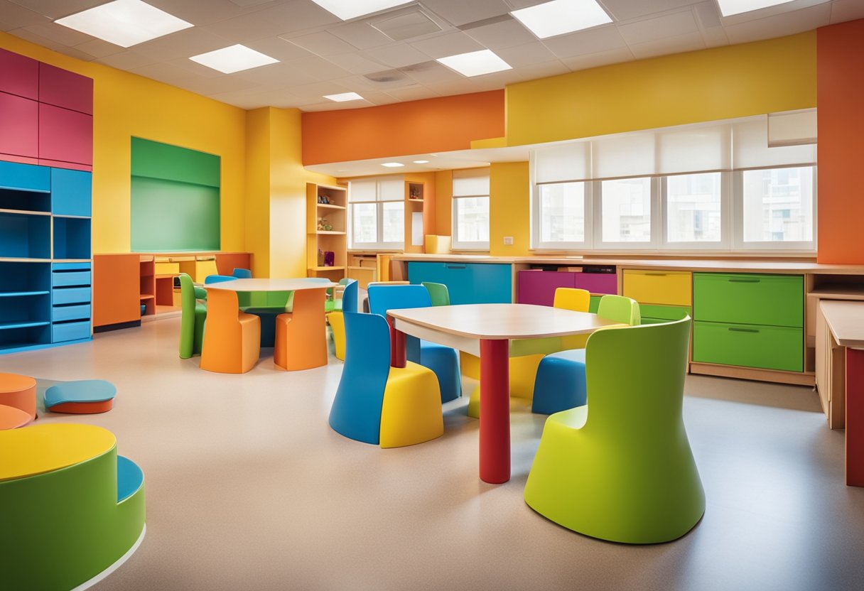 A brightly colored play area with small tables, chairs, and storage units, all designed for young children, fills the spacious room