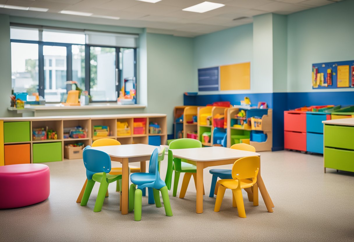 Children's chairs, tables, and storage units fill a bright, spacious room. Soft, vibrant colors and durable materials create a welcoming and safe environment for young learners